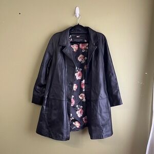 Centigrade Leather Jacket Black Mid Length Floral Lined Button Front Sz XL